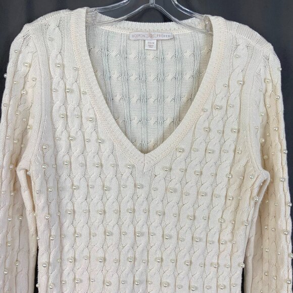 Boston Proper Sweater White/Cream V Neck Cable Knit Pearl Embellished Size M - Picture 2 of 16